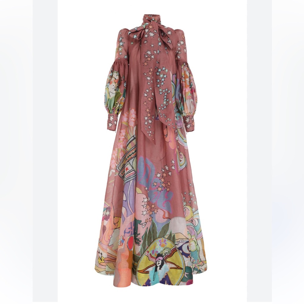 ISO Zimmermann Pink Maxi Dress Long Sleeve Tie Neck